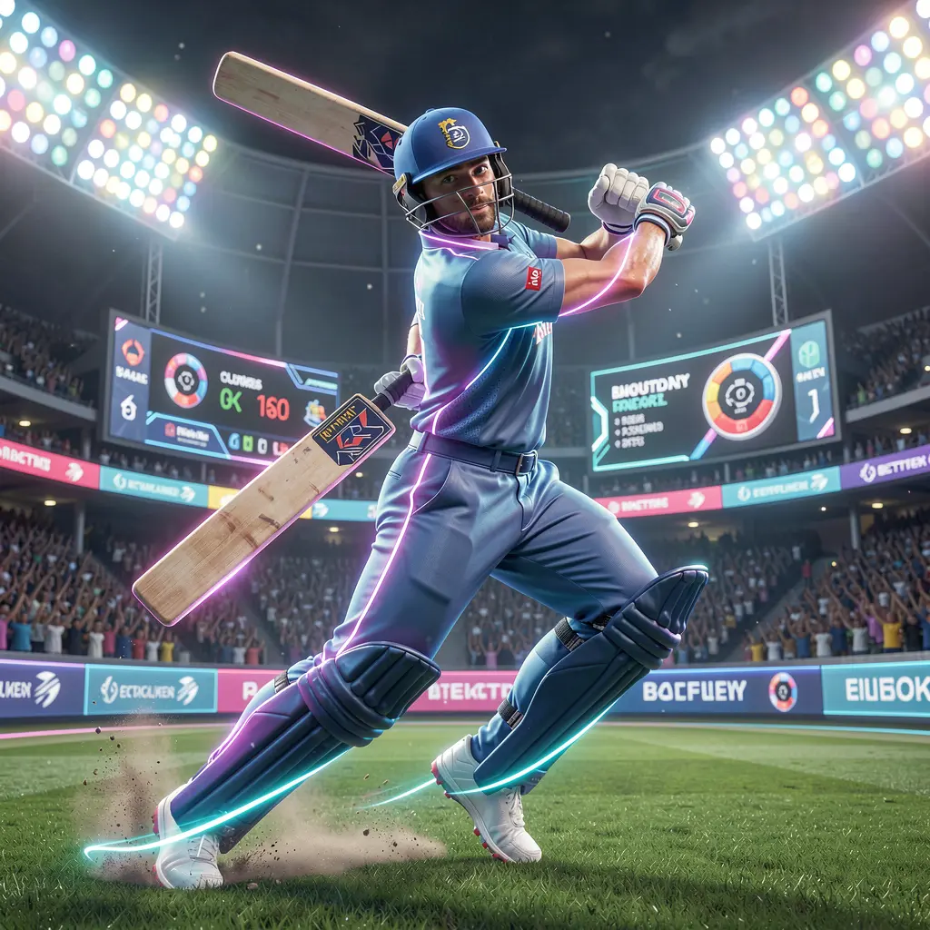 Futuristic neon cricket player in motion with glowing trail and stadium lights highlighting live betting excitement at JA999 in Bangladesh
