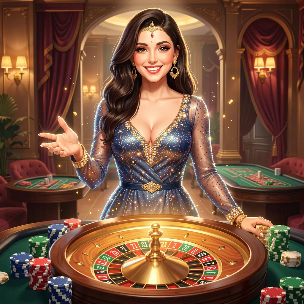 Smiling casino hostess in a sparkling dress reaching forward with glowing roulette elements behind her representing secure JA999 login for Bangladesh